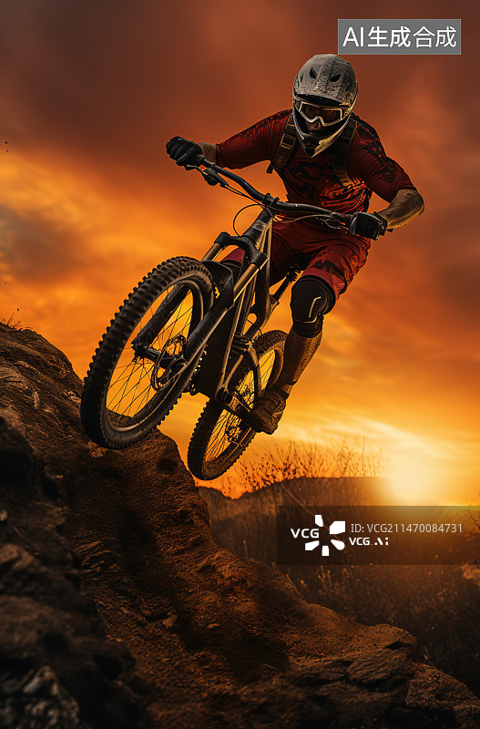 【AI数字艺术】日落时在山上骑自行车的人的全长图片素材