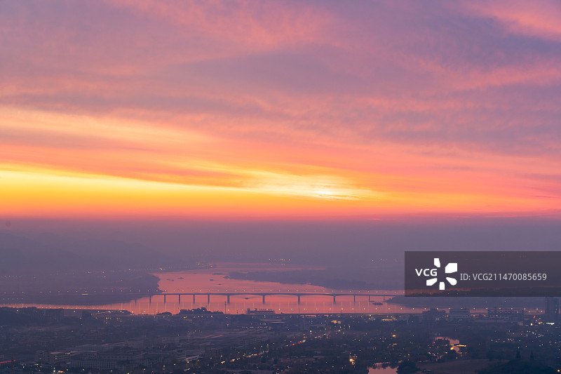 杭州萧山义桥袁浦大桥三江口日落自然风景图片素材