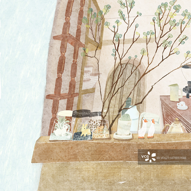 一个安静的咖啡馆的下午叶子鸭子摆件治愈系清新小场景图片素材