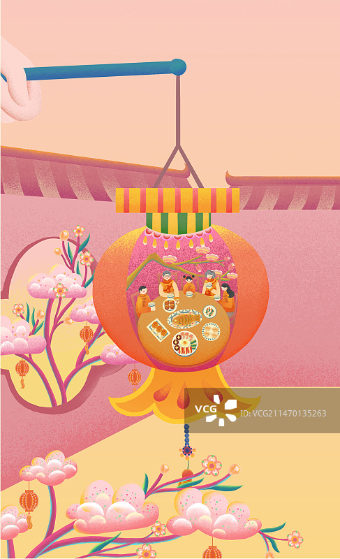 新中式春节国风舞狮灯笼烟花插画海报图片素材