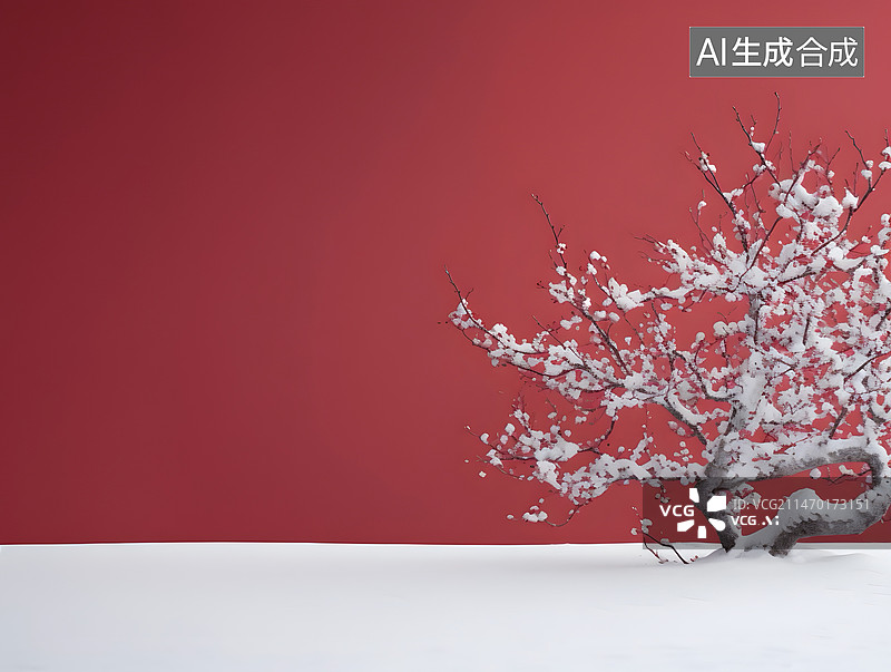 【AI数字艺术】下雪天红墙背景下的梅花图片素材