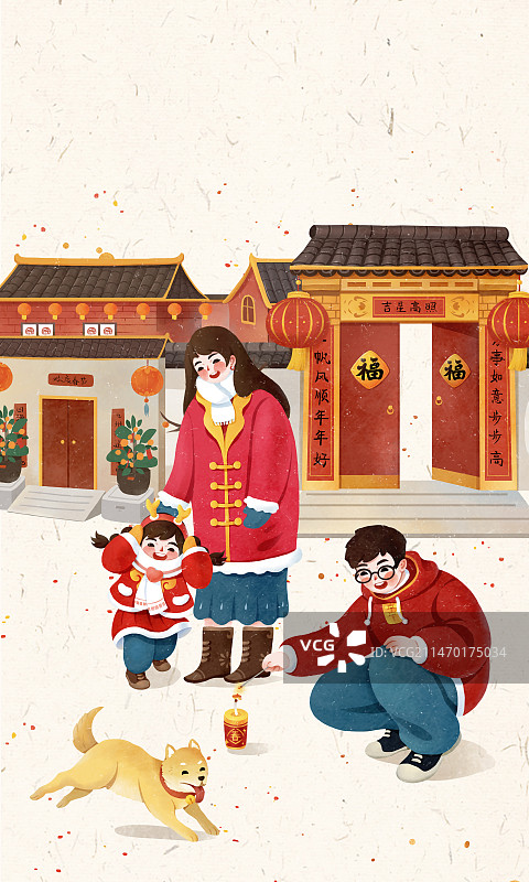 春节插画年俗全家人放爆竹鞭炮图片素材