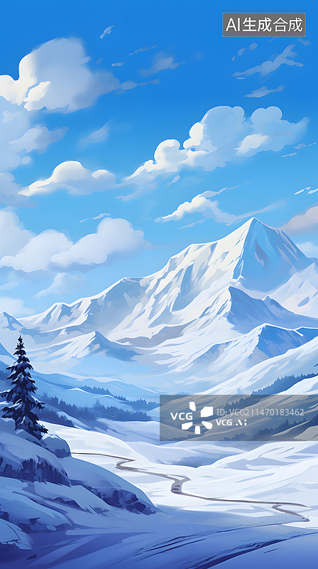 【AI数字艺术】竖幅水粉背景美丽的冬季自然风景冬天户外风景雪山图片素材
