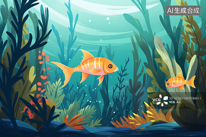 【AI数字艺术】海底世界珊瑚鱼群插画，海洋水族馆场景插图图片素材