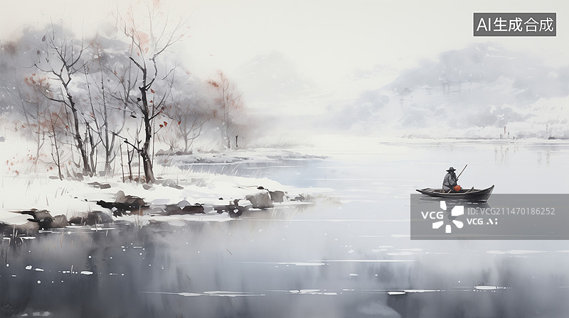 【AI数字艺术】孤舟蓑笠翁，独钓寒江雪。 一幅中国山水画，宁静的茫茫湖面，一个人坐在一艘小渔船上钓鱼图片素材