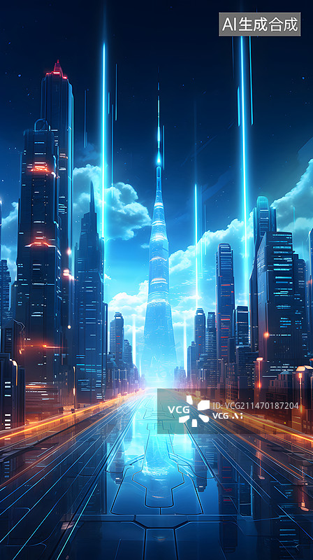 【AI数字艺术】竖幅科技概念插画城市风光道路夜景图片素材