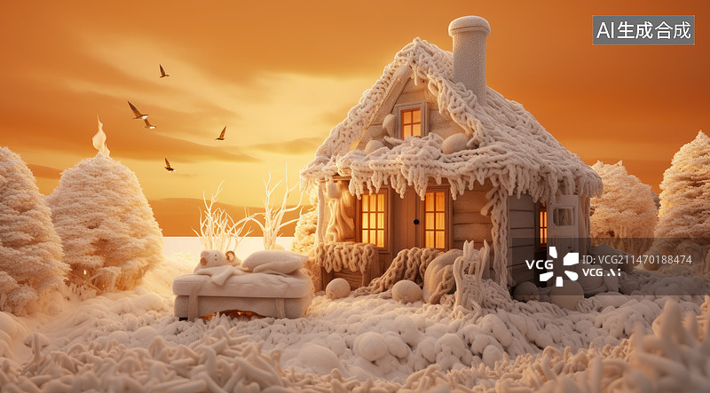 【AI数字艺术】雪中温暖的小屋图片素材