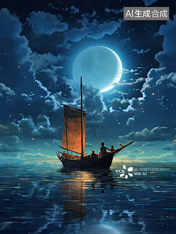 【AI数字艺术】月下的古船图片素材