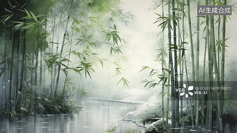 【AI数字艺术】水彩水墨中国花鸟国画晨雾里的竹林图片素材