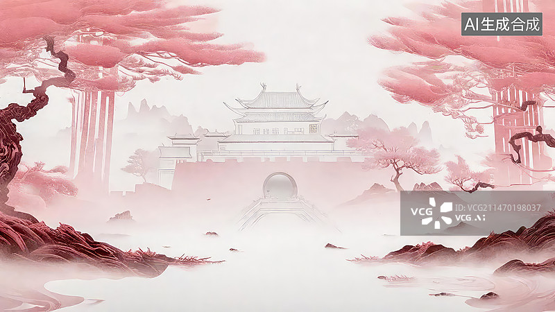 【AI数字艺术】带有中式建筑的中国风山水画图片素材