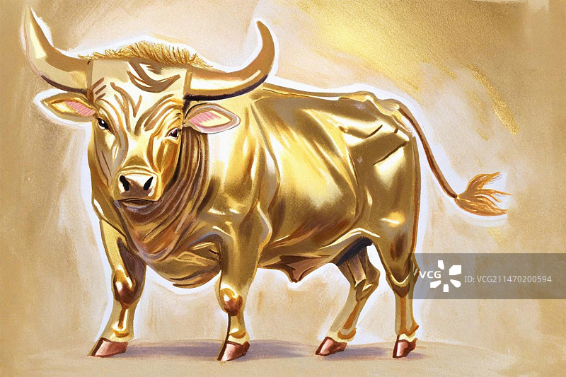 中国画水彩画彩铅画金牛牛市投资上涨大牛插画图片素材