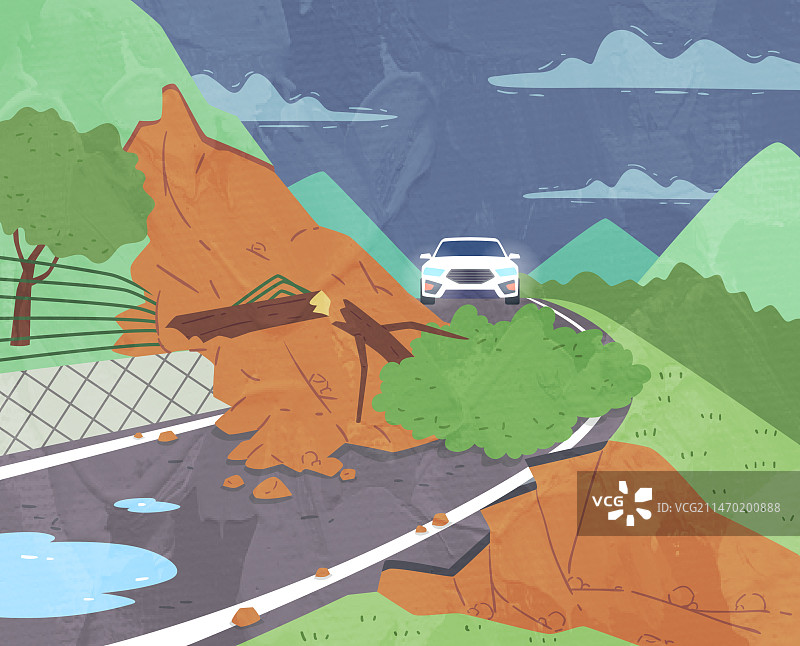 雨季，夏季，自然灾害，暴雨，山体滑坡，道路，汽车图片素材
