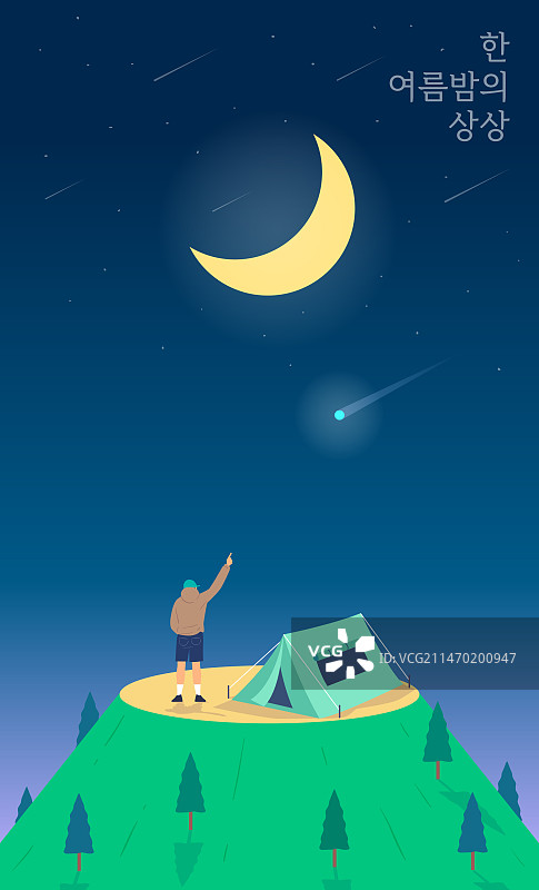 想象力，夜晚，夏天，露营，帐篷，山峰，新月，流星图片素材