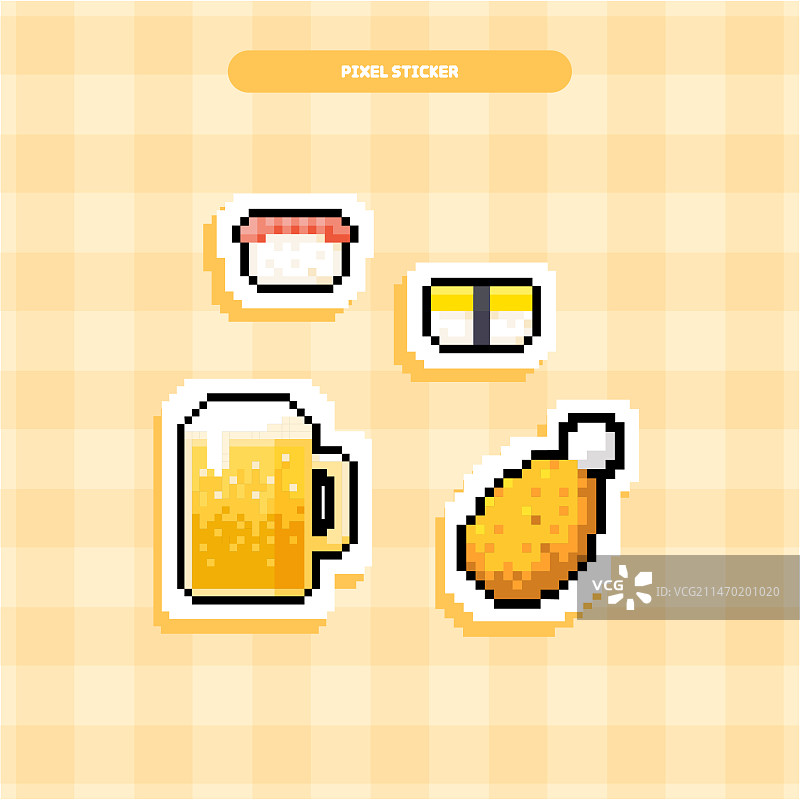 像素艺术食品杂货寿司鸡肉啤酒贴纸图标矢量素材图片素材