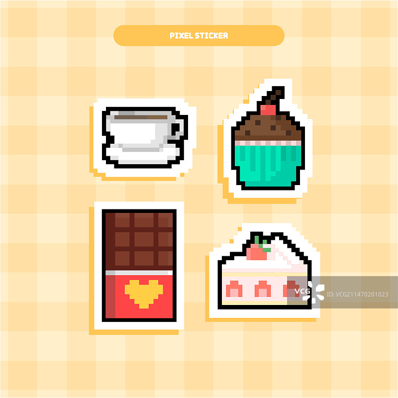 像素风甜点咖啡馆贴纸矢量图标图片素材
