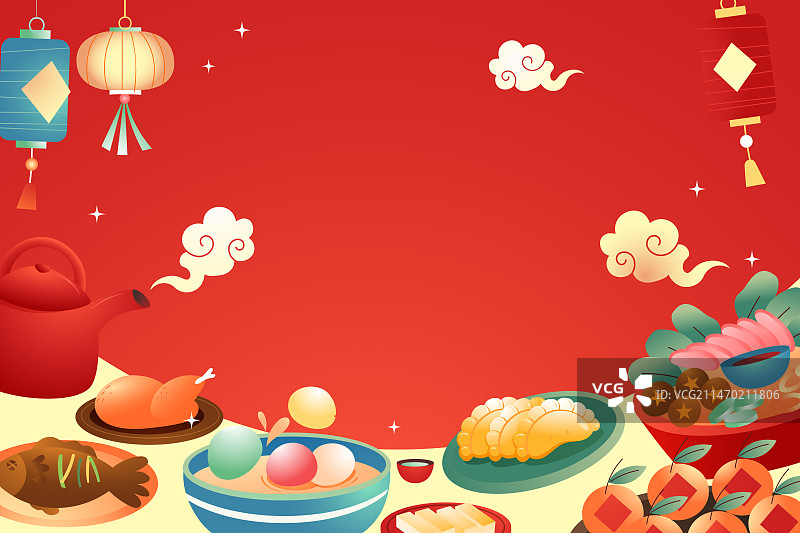 卡通春节年俗过年元旦除夕新年龙年元宵节汤圆饺子冬至美食餐饮团圆饭家人朋友祝福中国风国潮渐变矢量插画图片素材