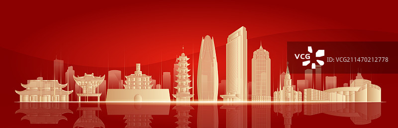 宁波城市地标建筑红色大气剪影矢量插画海报图片素材
