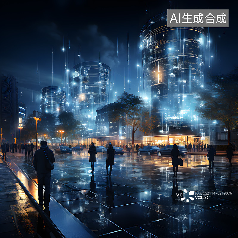 【AI数字艺术】被网络线包围的城市发光线条抽象大数据蓝黑背景全息摄影图片素材