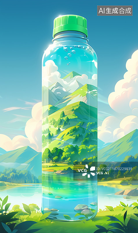 【AI数字艺术】一个透明瓶子矿泉水饮料环保自然插画图片素材