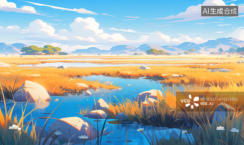 【AI数字艺术】水洼石头草地花朵树木山坡蓝天白云秋天风景插画图片素材