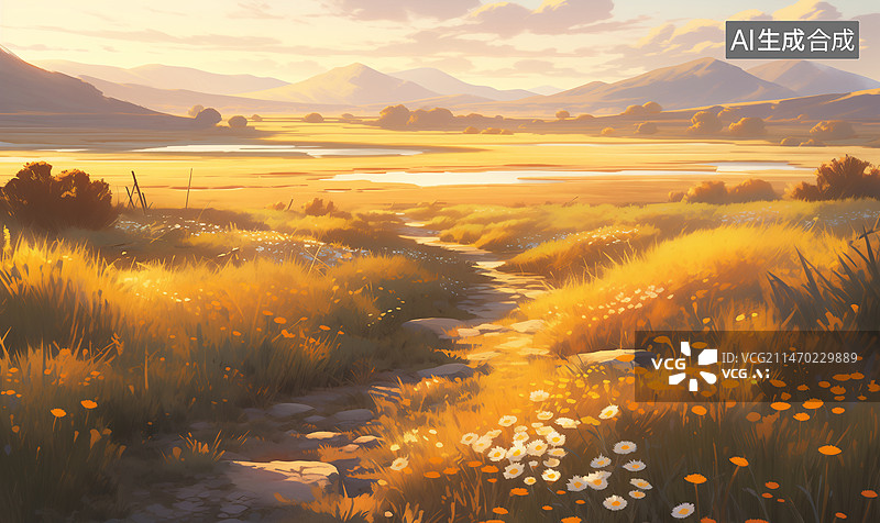 【AI数字艺术】小路草丛花朵树木山坡天空云朵秋天风景插画图片素材