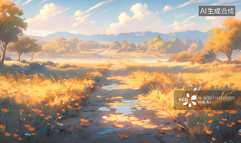 【AI数字艺术】日出阳光下的小路草丛树木山坡蓝天白云风景插画图片素材