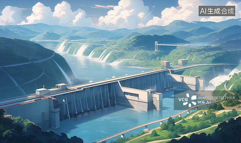 【AI数字艺术】蓝天白云河面水力发电站绿色能源插画图片素材