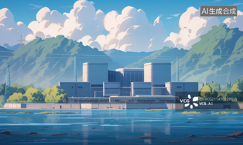 【AI数字艺术】蓝天白云河面水力发电站绿色能源插画图片素材