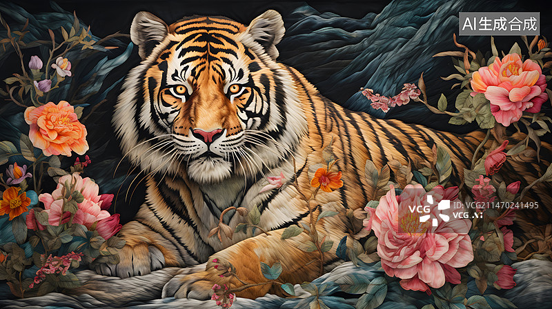【AI数字艺术】苏绣国画参考老虎猛虎下山花朵图片素材