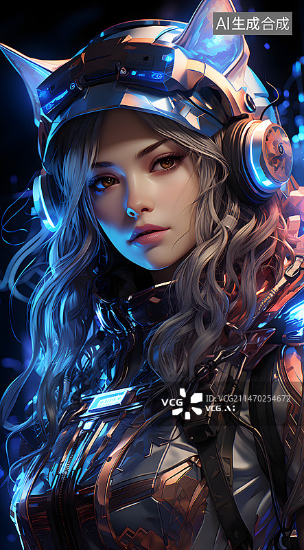 【AI数字艺术】戴着耳机和猫耳朵的年轻女子图片素材