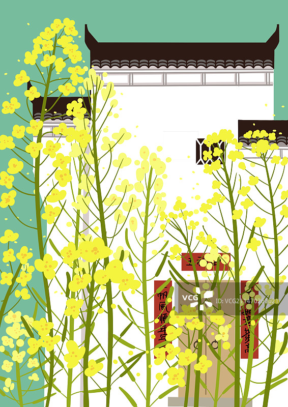 扁平风格 立春 海报 插画 油菜花 江南风光  徽派建筑图片素材
