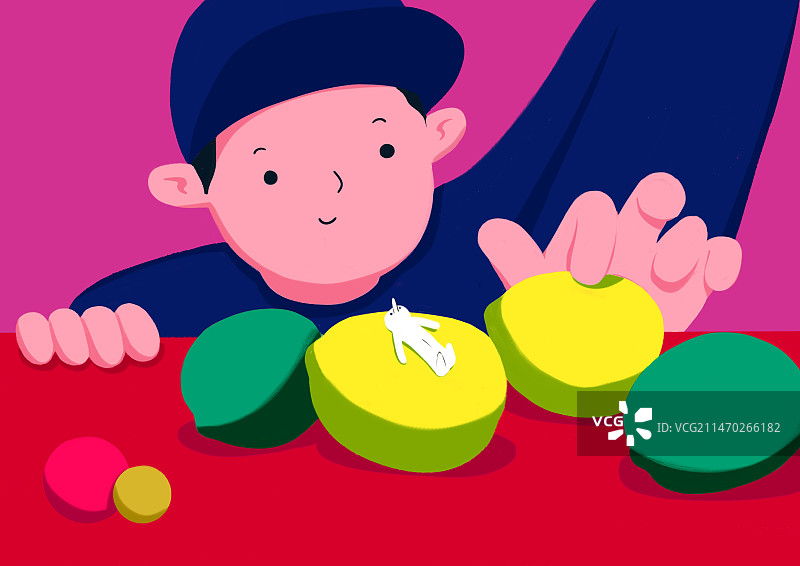 男孩看桌子上的柠檬上有个白色小人图片素材