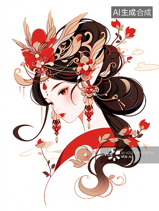 【AI数字艺术】红色华丽装扮的古代美人肖像头像图片素材