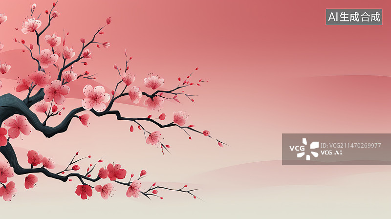 【AI数字艺术】粉红色樱花在天空中的低角度视图图片素材