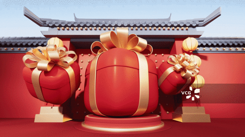 中国风古风建筑与礼物盒3D渲染图片素材