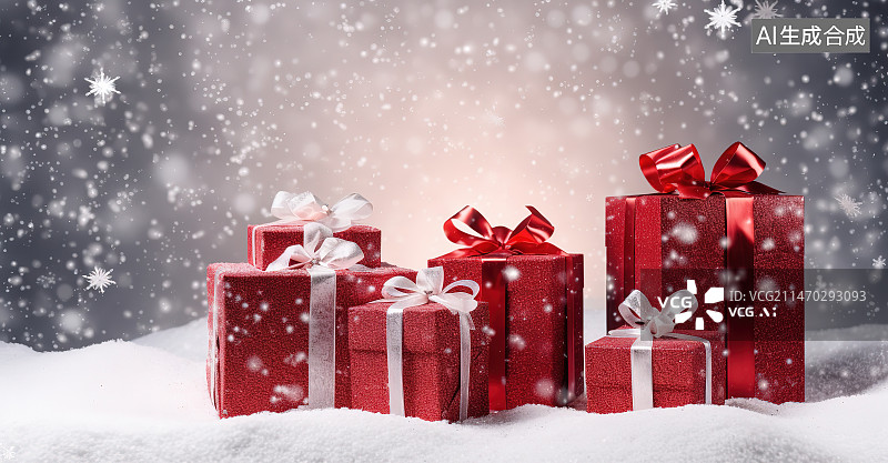 【AI数字艺术】雪地里的圣诞礼物特写镜头图片素材
