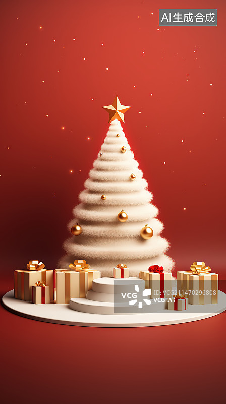 【AI数字艺术】红色背景下圣诞装饰的特写镜头图片素材