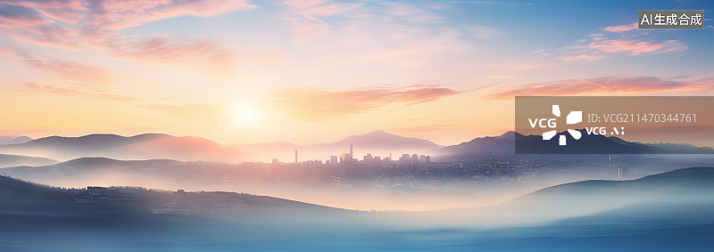 【AI数字艺术】日落时群山对天的景色图片素材