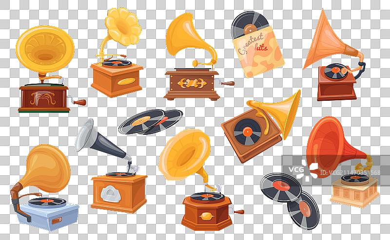 带有金色喇叭的卡通老式留声机转盘图片素材