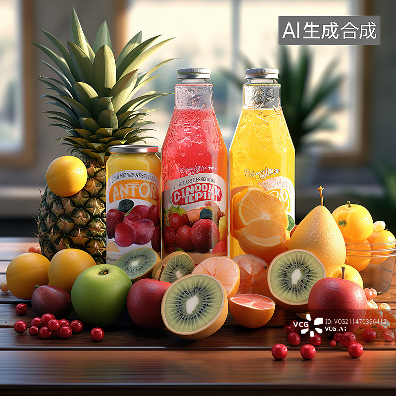 【AI数字艺术】桌上水果和果汁的特写镜头图片素材