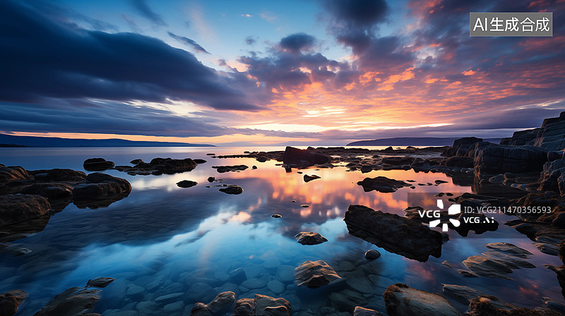 【AI数字艺术】日落时海景映衬着戏剧性的天空图片素材