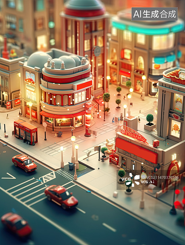 【AI数字艺术】冬天城市微距拍摄风格一个微型城市的十字路口，建筑，可爱的卡通，自然光超市咖啡馆喷泉电话亭图片素材