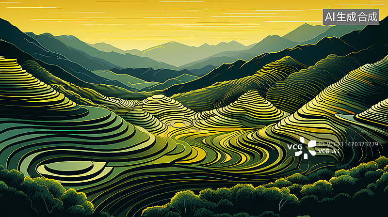 【AI数字艺术】梯田风景插画图片素材