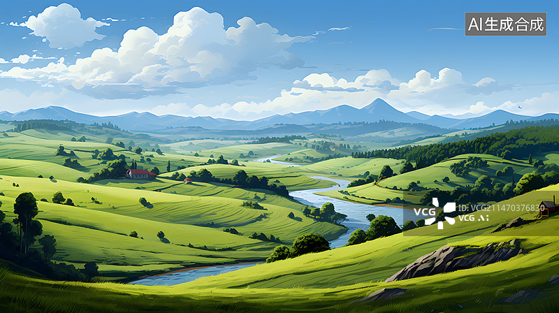 【AI数字艺术】宁静的草原乡村风景背景图片素材
