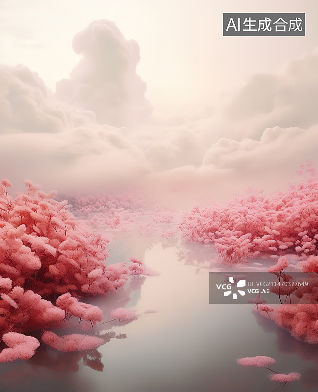 【AI数字艺术】天空中粉红色樱花的特写镜头图片素材