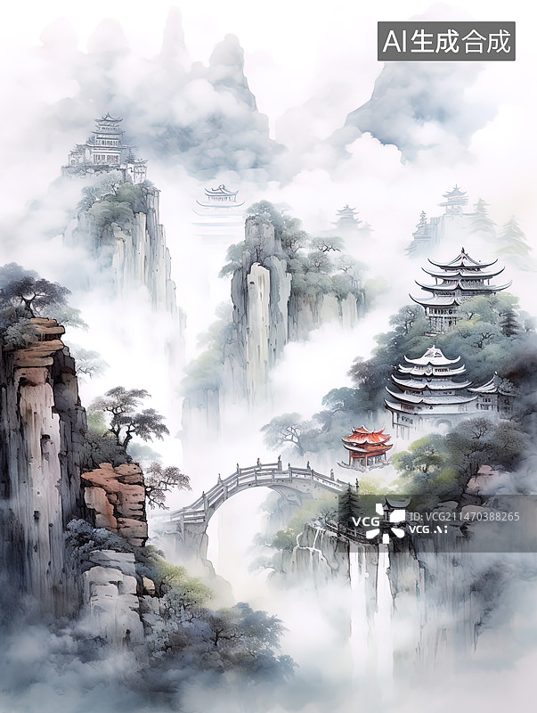 【AI数字艺术】山水瀑布图图片素材