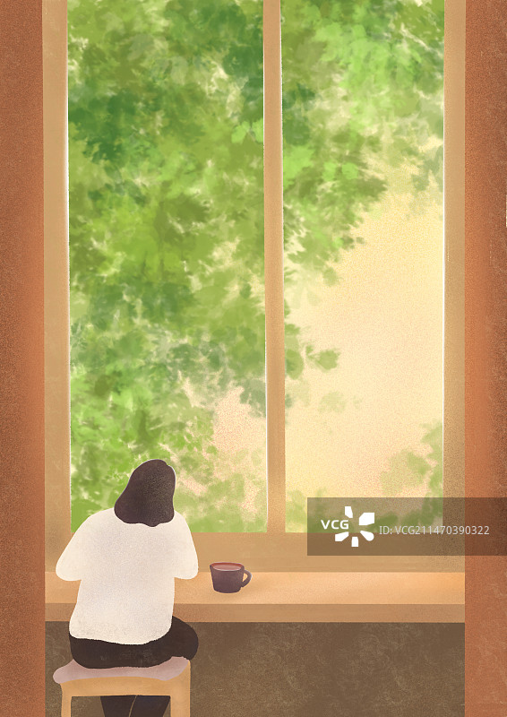 坐在窗边的人风景插画图片素材