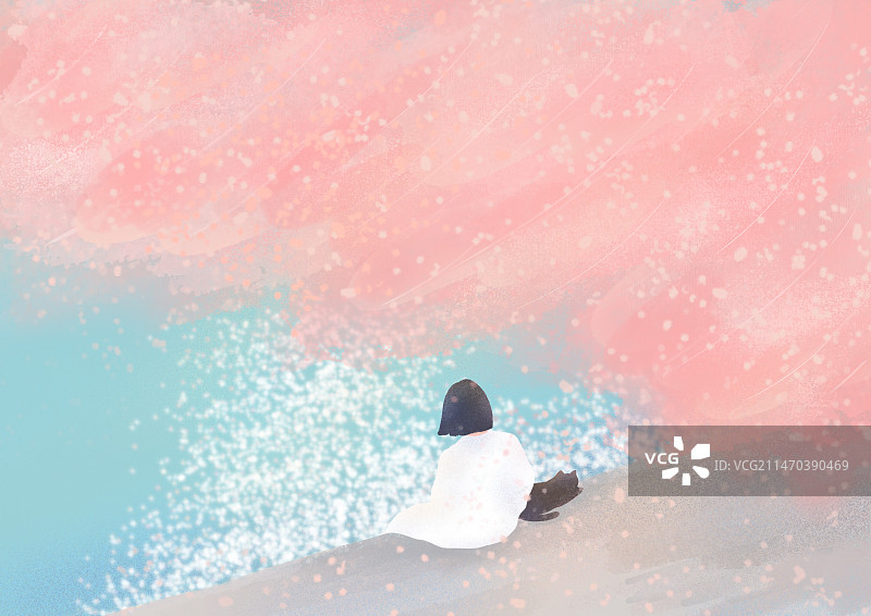 樱花树下的女孩与猫图片素材