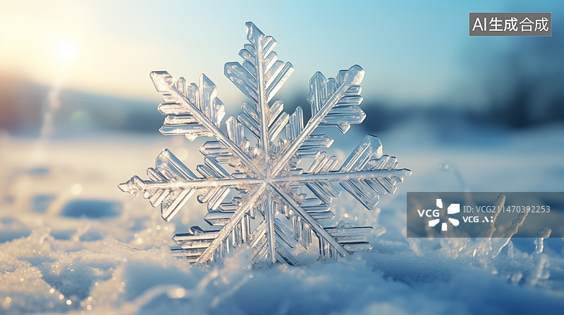 【AI数字艺术】雪地里立体雪花形状冰晶透明阳光照耀特写图片素材