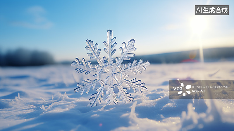 【AI数字艺术】雪地里立体雪花形状冰晶透明阳光照耀特写图片素材